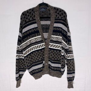 Vintage Sears The Men’s Store Brown Black White Striped Knit Button Up Cardigan